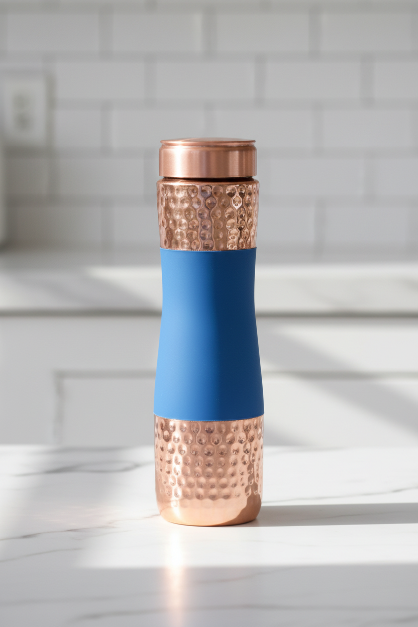 Pure Copper Water Bottle Set of 4 | Red, Green, Blue & Black | 1 Litre Each | Silk Matte Hammered