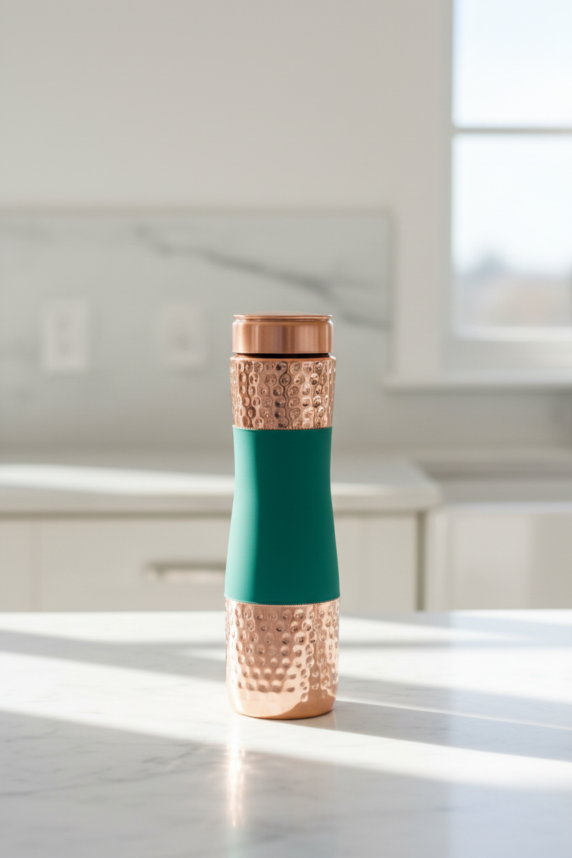 Pure Copper Water Bottle Set of 4 | Red, Green, Blue & Black | 1 Litre Each | Silk Matte Hammered