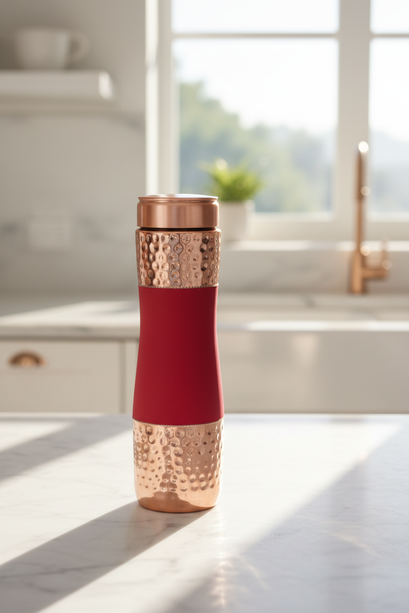 Pure Copper Water Bottle Set of 4 | Red, Green, Blue & Black | 1 Litre Each | Silk Matte Hammered