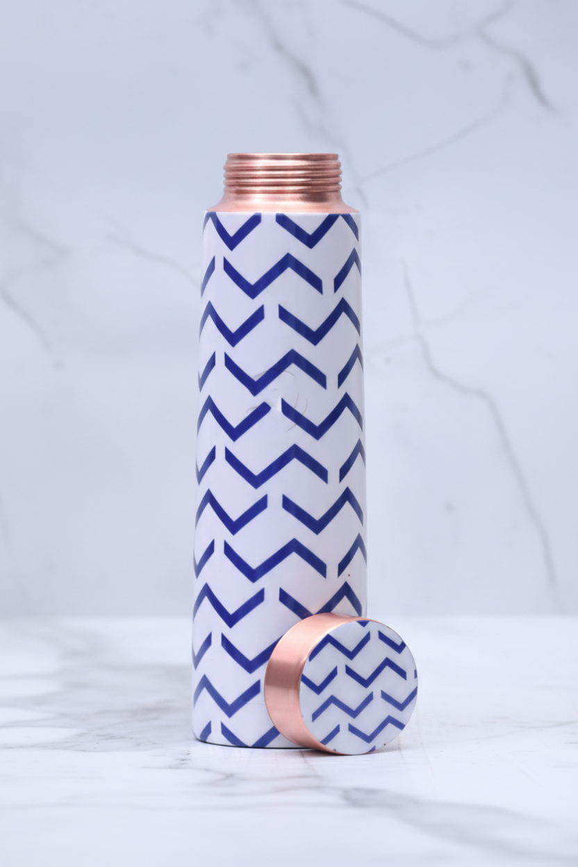 Blue Wave Design Printed Copper Water Bottle | 1000 ML | Pure Copper | Leak-Proof