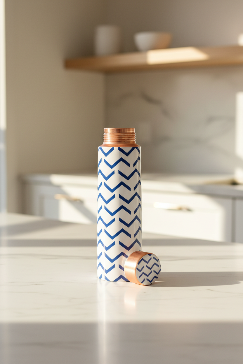 Blue Wave Design Printed Copper Water Bottle | 1000 ML | Pure Copper | Leak-Proof