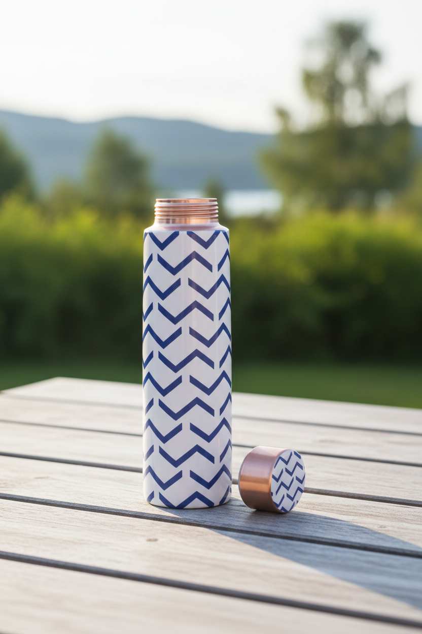 Blue Wave Design Printed Copper Water Bottle | 1000 ML | Pure Copper | Leak-Proof