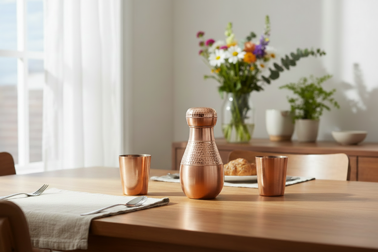 Pure Copper Lotus Jar | 1050 ML | Hammered Design | Ayurvedic Tamra Jal