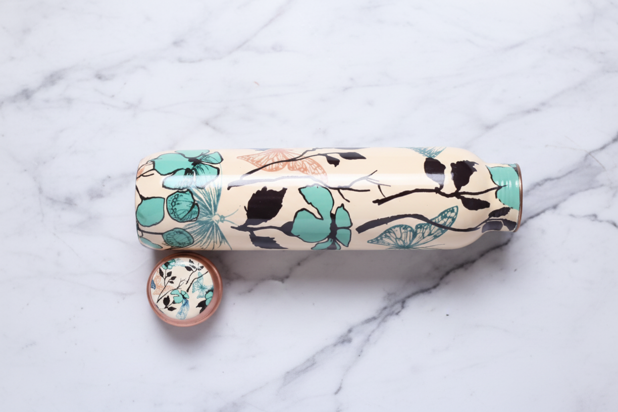 Nature Printed Copper Water Bottle | 1000 ML | Pure Copper | Leak-Proof