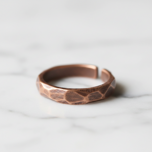 Pure Copper Hammered Ring | Hand Carved | Adjustable | Unisex