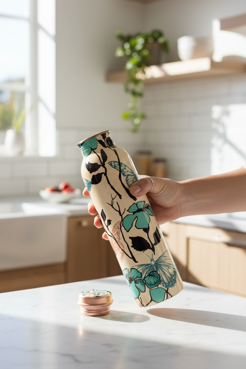 Nature Printed Copper Water Bottle | 1000 ML | Pure Copper | Leak-Proof