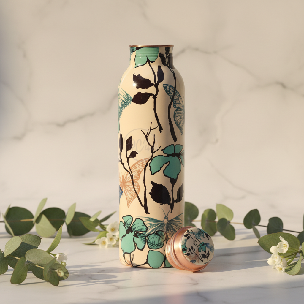 Nature Printed Copper Water Bottle | 1000 ML | Pure Copper | Leak-Proof