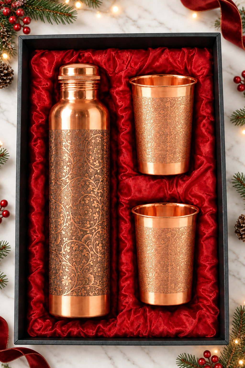 Copper Christmas Gift Set | Etched Bottle & Two Engraved Tumblers