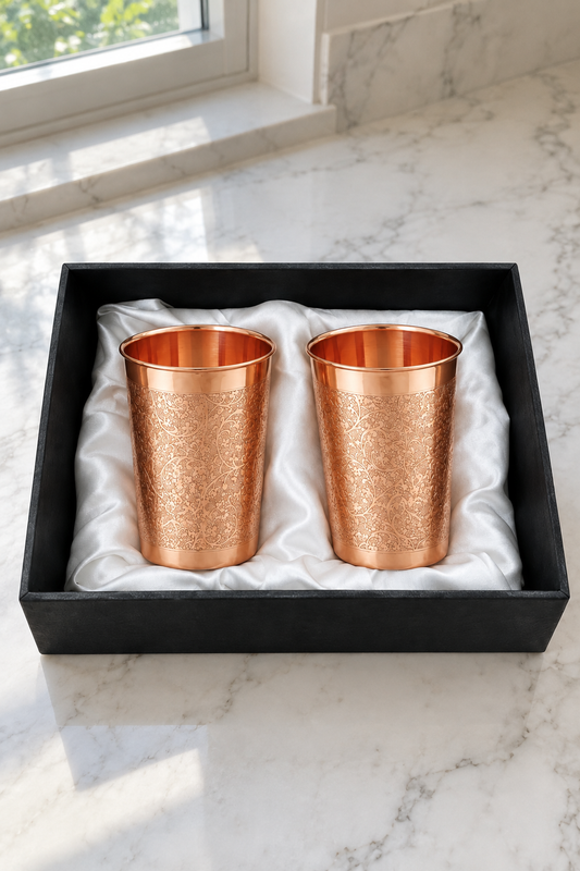 Pure Copper Engraved Tumbler Glass – Set of 2 | 300ml