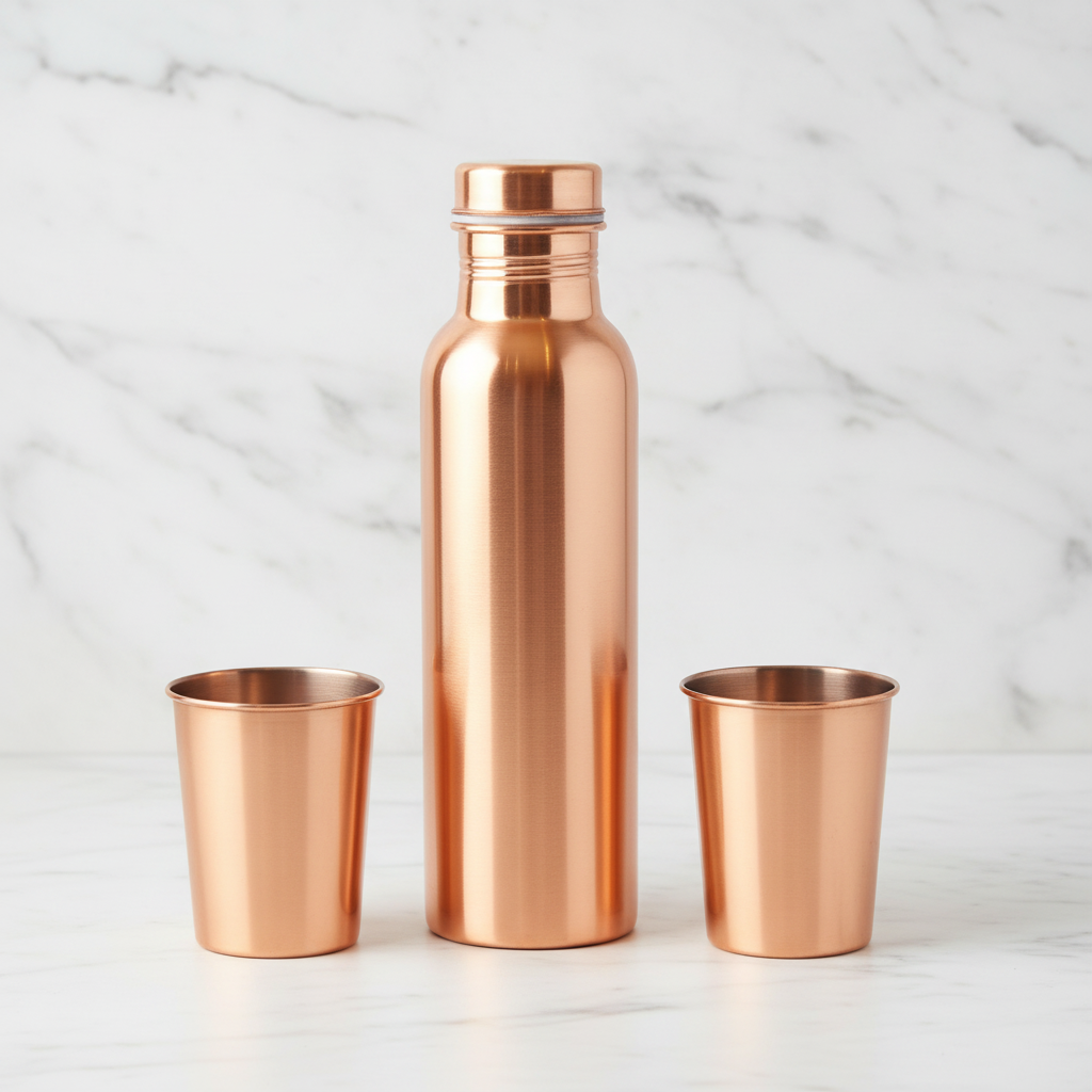 Pure Copper Gift Set – Smooth Bottle & 2 Glasses | Ayurvedic Tamra Jal