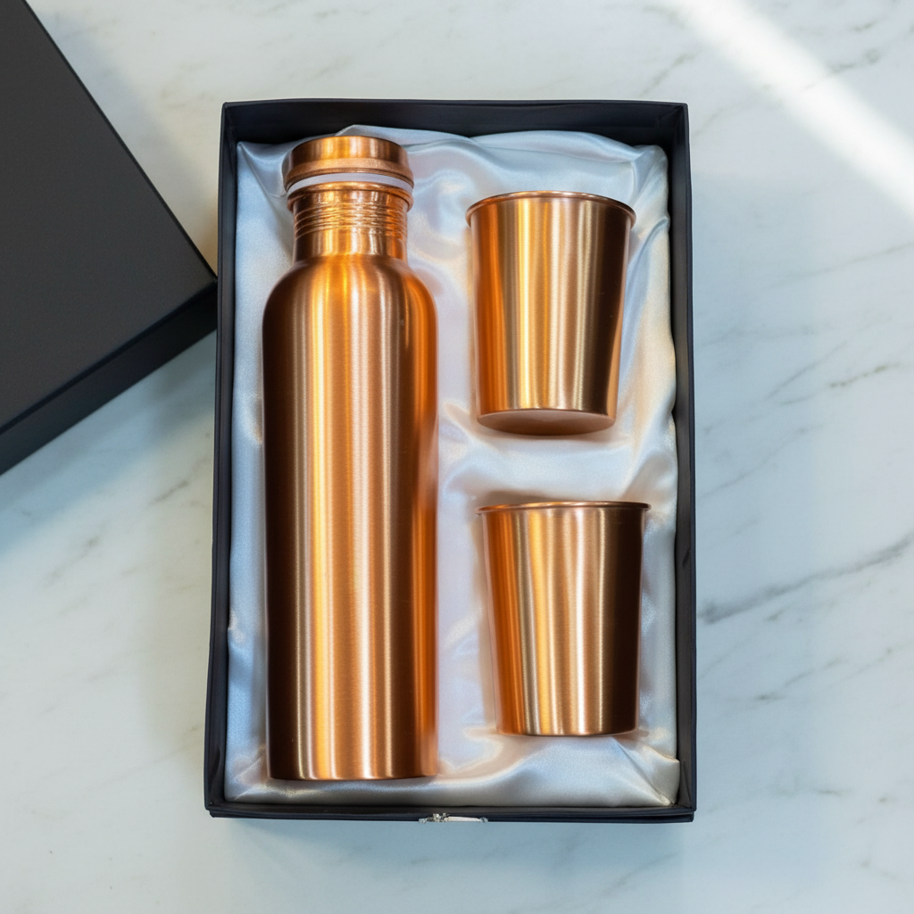 Pure Copper Gift Set – Smooth Bottle & 2 Glasses | Ayurvedic Tamra Jal