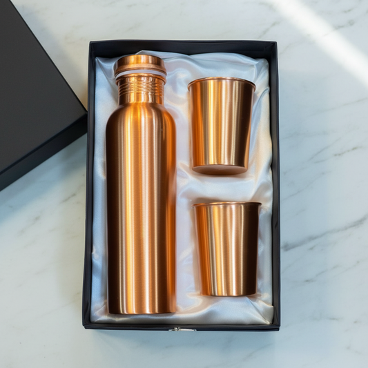 Pure Copper Gift Set – Smooth Bottle & 2 Glasses | Ayurvedic Tamra Jal