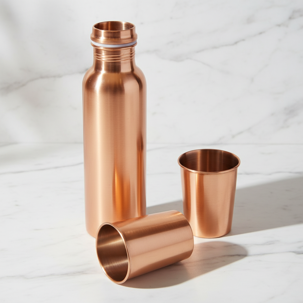 Pure Copper Gift Set – Smooth Bottle & 2 Glasses | Ayurvedic Tamra Jal