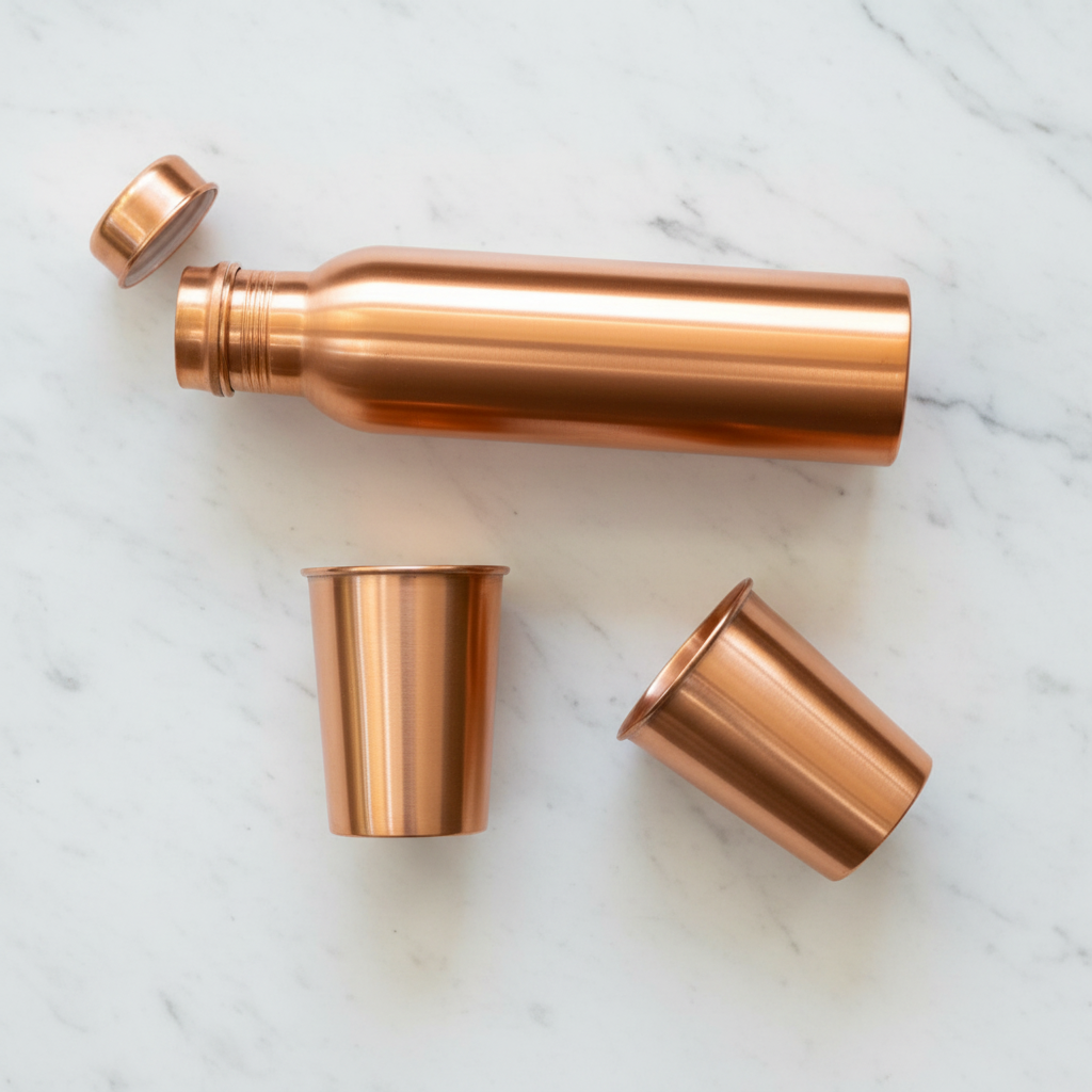 Pure Copper Gift Set – Smooth Bottle & 2 Glasses | Ayurvedic Tamra Jal