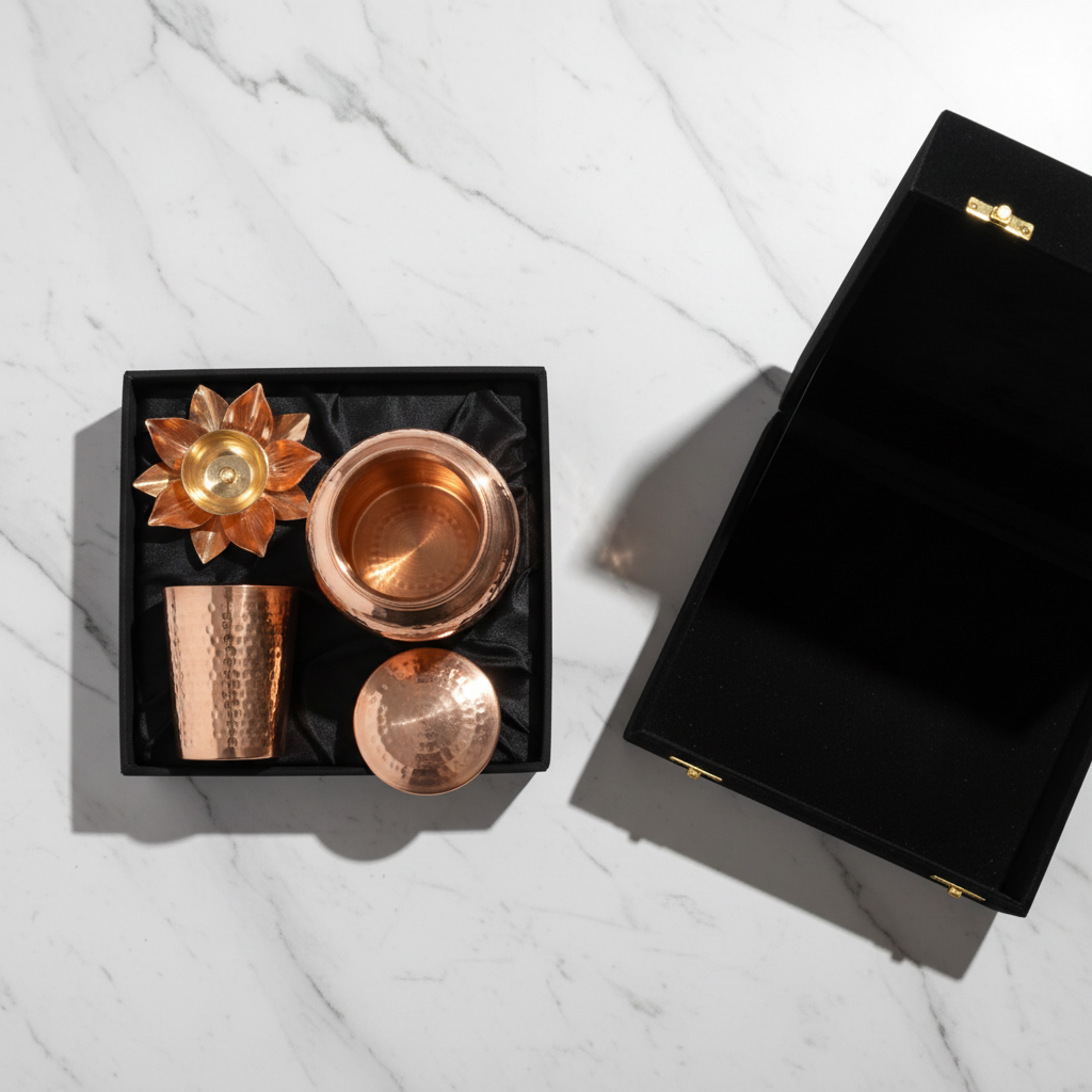 Copper Bedroom Jar Gift Set with Lotus Diya – Royal Gifting Box