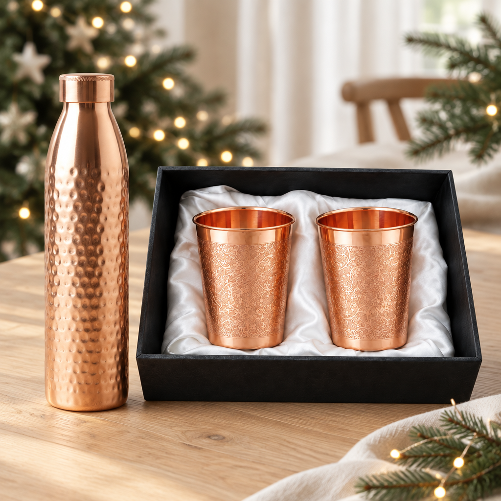 Nordic Copper Christmas Gift Set | Hammered 1L Bottle & Floral Engraved Tumblers