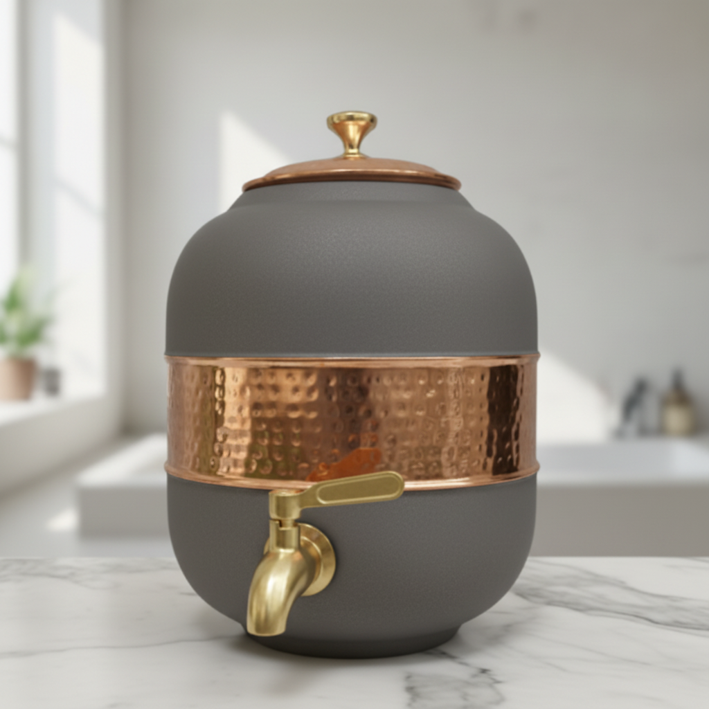 Pure Copper Water Dispenser – Silk Finish & Half Hammered | 5L & 8L | Red, Blue, Green, Yellow, Black, Gray