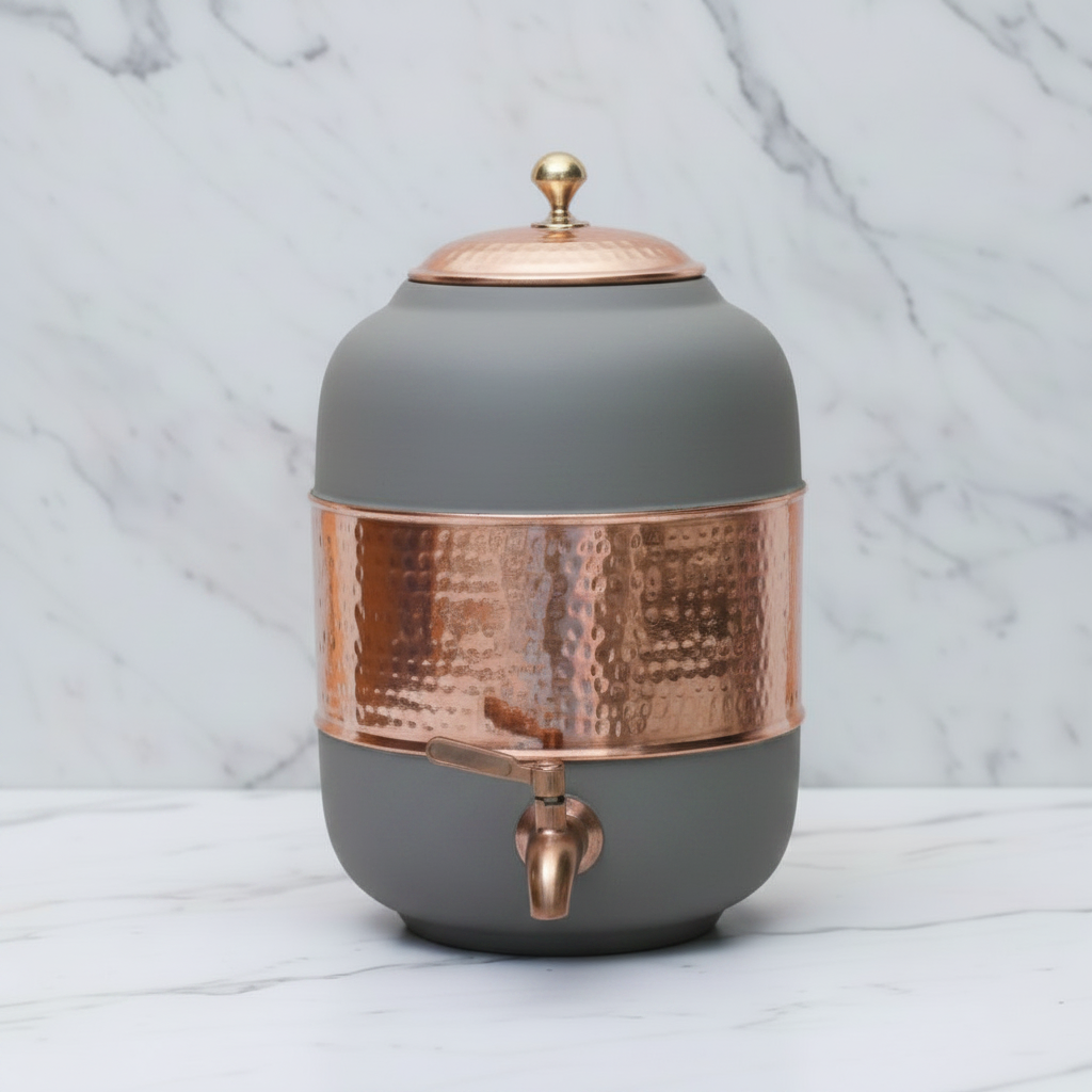 Pure Copper Water Dispenser – Silk Finish & Half Hammered | 5L & 8L | Red, Blue, Green, Yellow, Black, Gray
