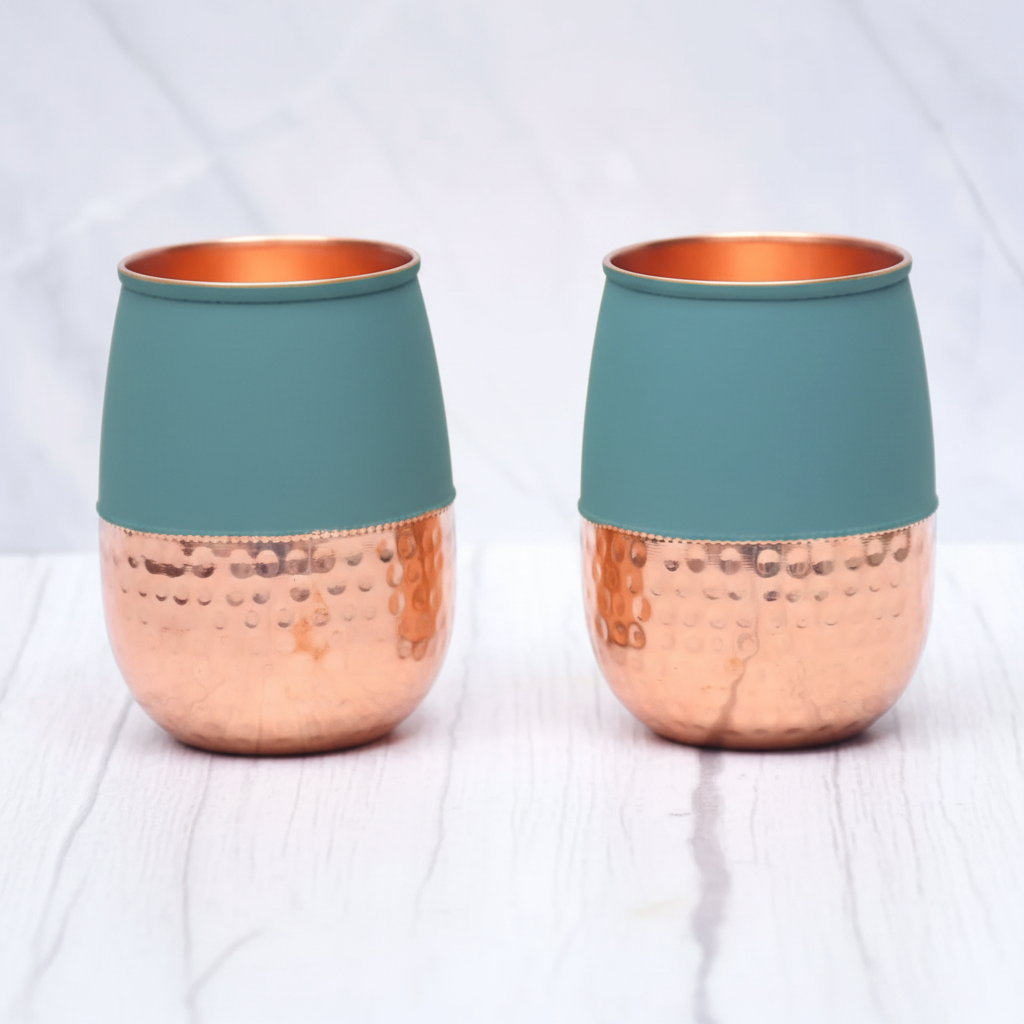 Pure Copper Silk Green Half Hammered Dholak Tumbler – Set of 2 | 250ml
