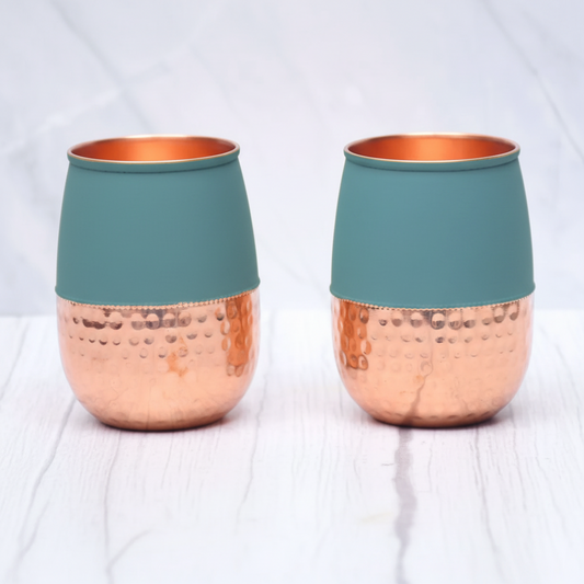 Pure Copper Silk Green Half Hammered Dholak Tumbler – Set of 2 | 250ml