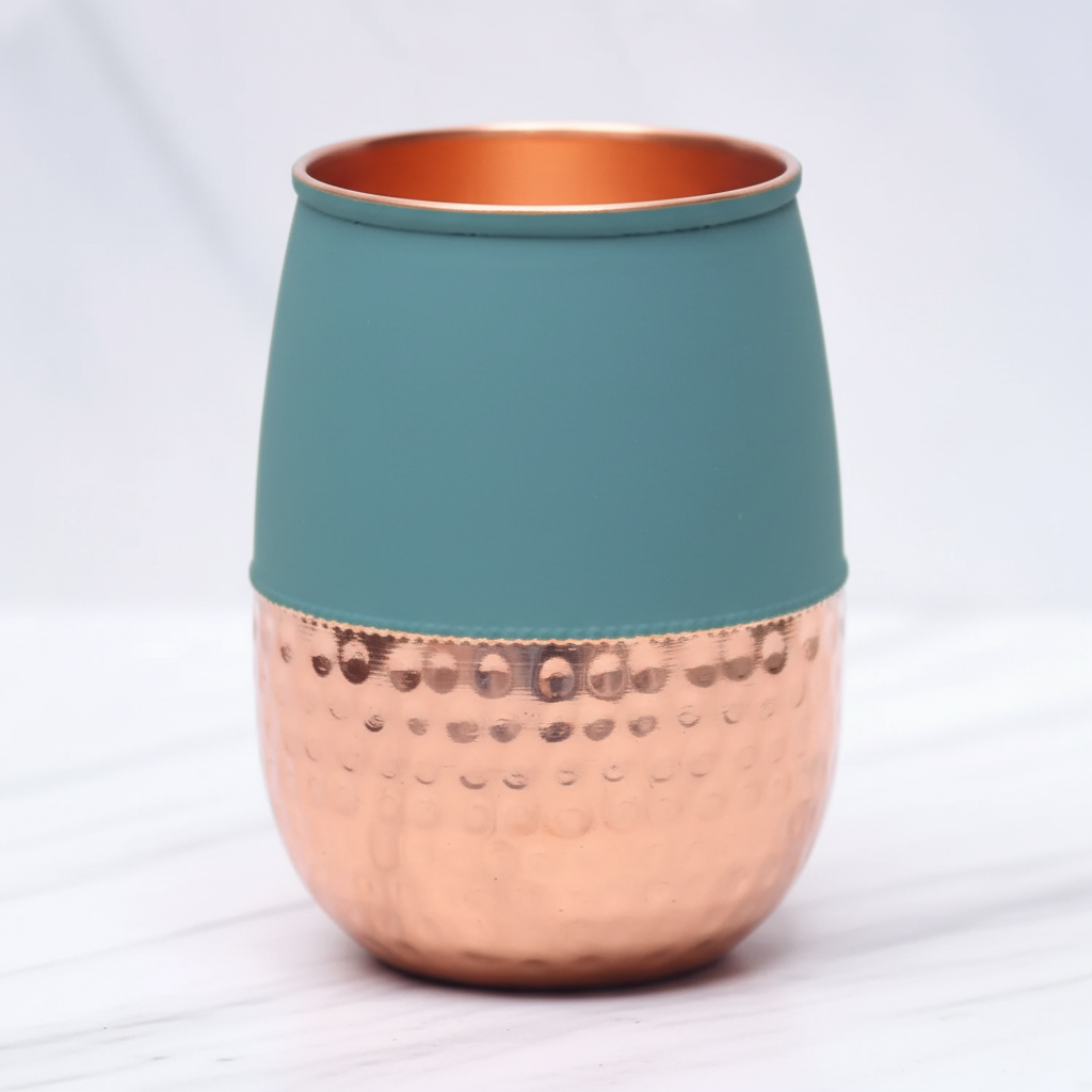 Pure Copper Silk Green Half Hammered Dholak Tumbler – Set of 2 | 250ml