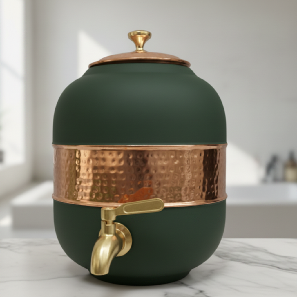 Pure Copper Water Dispenser – Silk Finish & Half Hammered | 5L & 8L | Red, Blue, Green, Yellow, Black, Gray