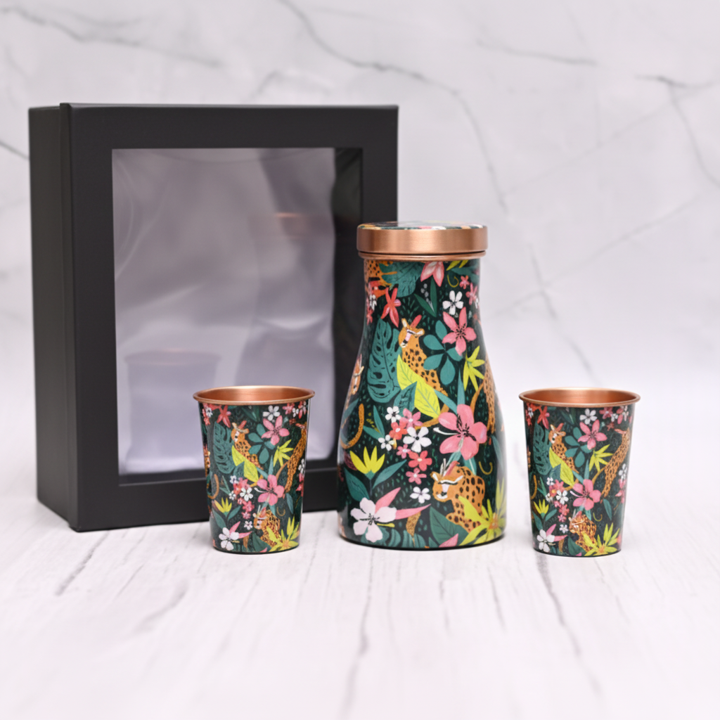 Printed Pure Copper Bedside Jar with 2 Glasses — 1000ml Gift Set