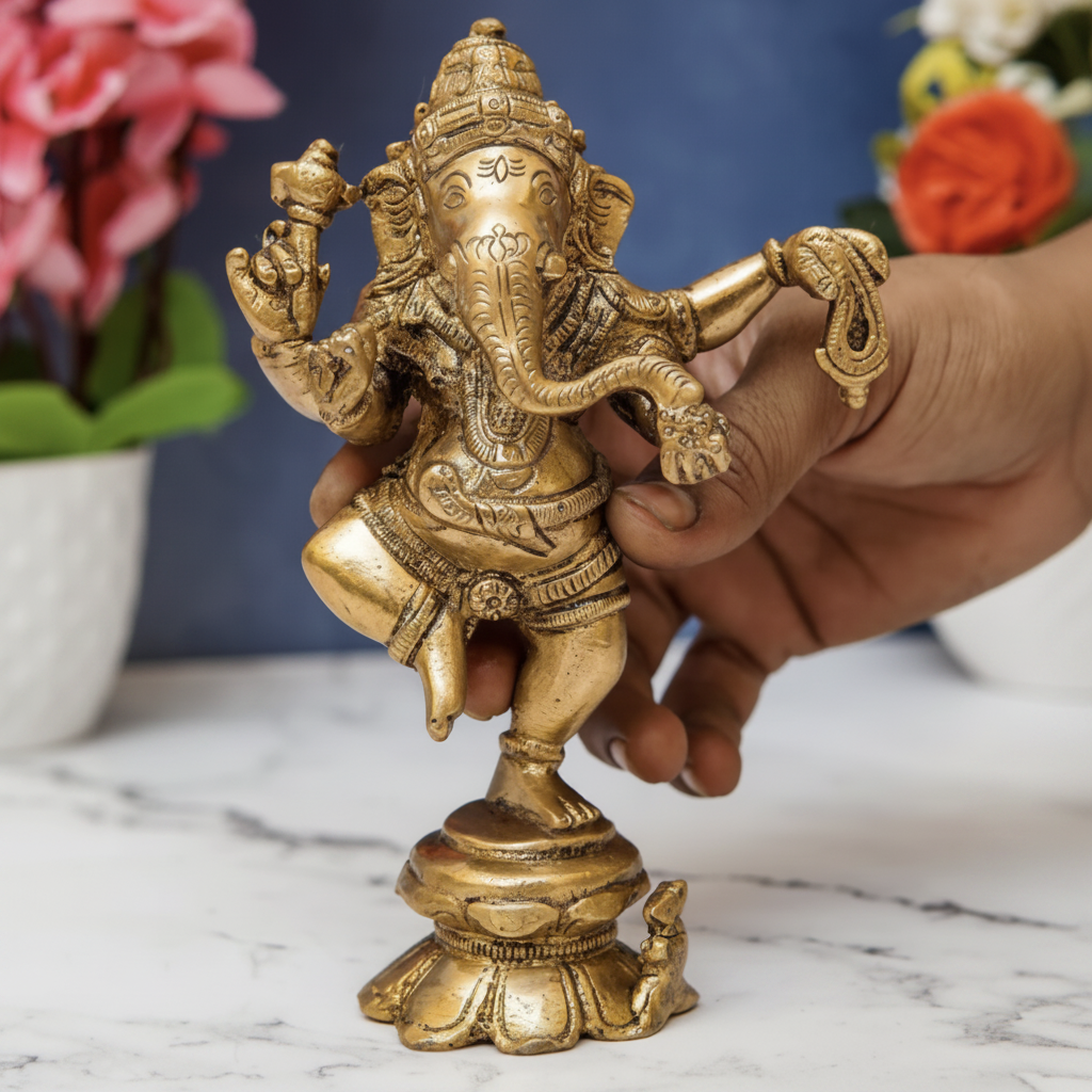 Brass Dancing Ganesha Idol – 6.7" | Handcrafted Spiritual Decor