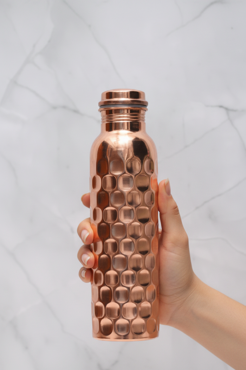 100% Pure Certified Copper Water Bottle – Heavy Brick Hammered / Honeycomb Design 1000ml