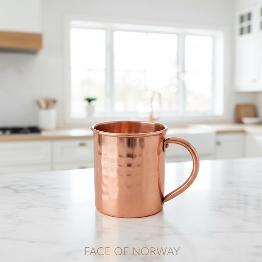 Hero product shot with bokeh kitchen background and Face of Norway branding