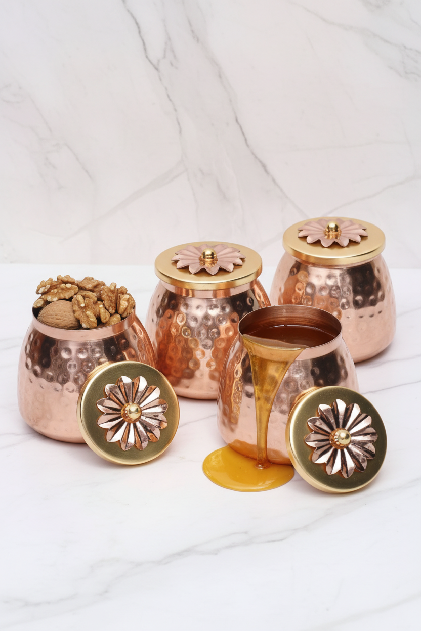 Copper Finish Container Set of 4 – Multipurpose Storage Jars with Flower Lid