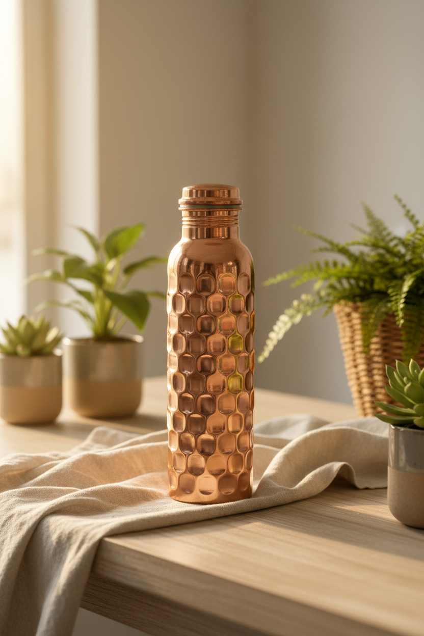 100% Pure Certified Copper Water Bottle – Heavy Brick Hammered / Honeycomb Design 1000ml