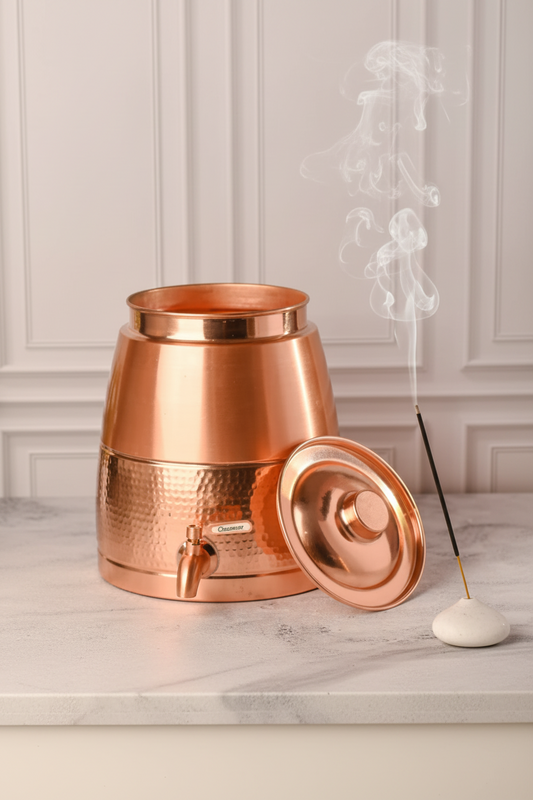 Pure Copper Half-Hammered Barrel Dispenser 8L | Ayurvedic, Handcrafted