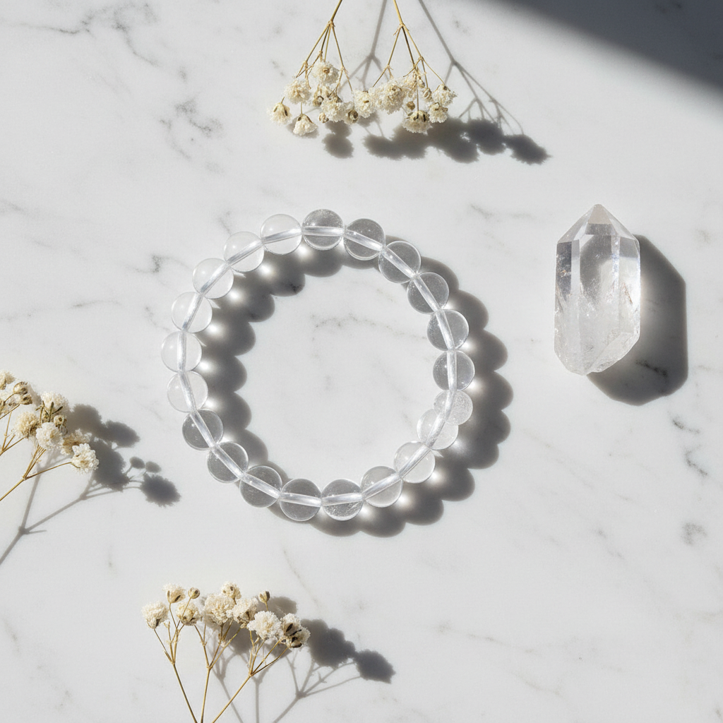 Clear quartz bracelet flat lay with crystal