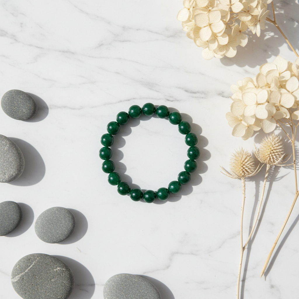 Jade bracelet Nordic wellness flat lay