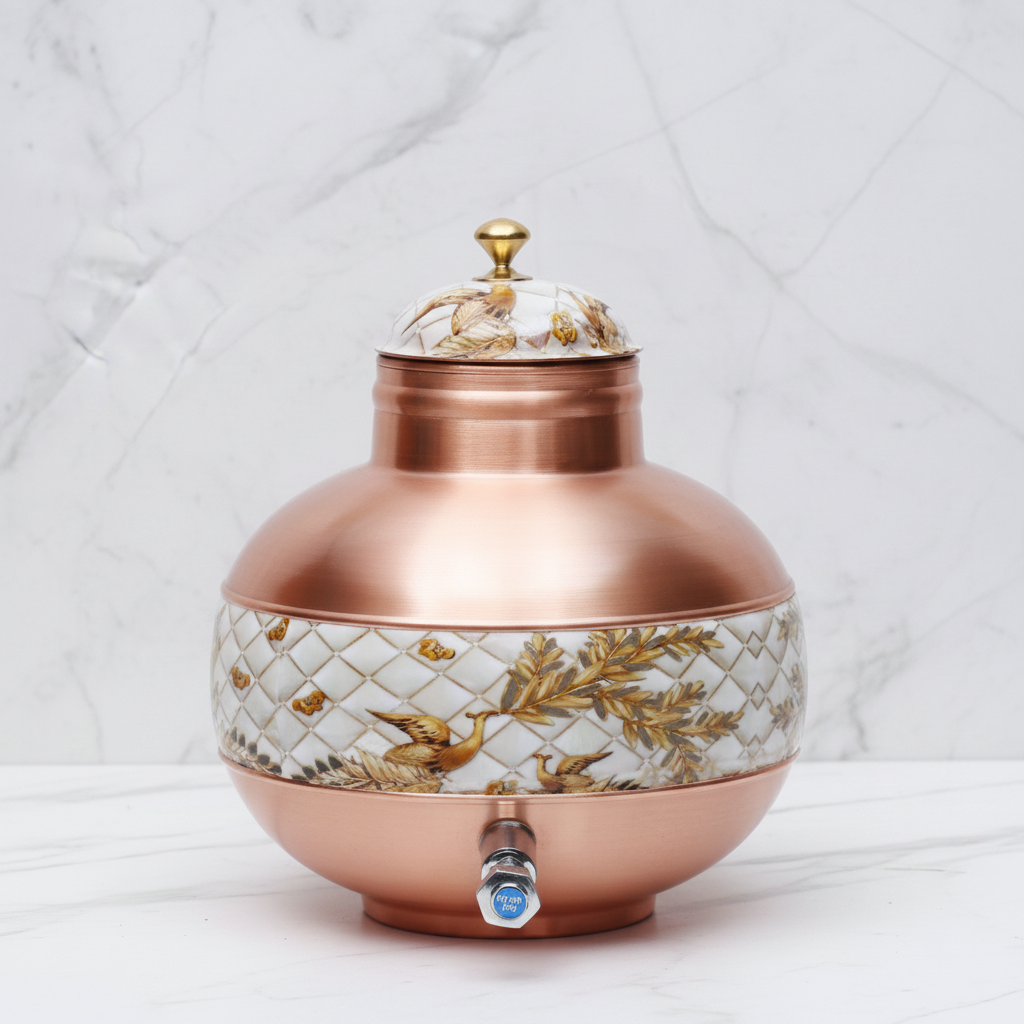 Pure Copper Ghada Pot Half Enamel Dispenser front view white marble
