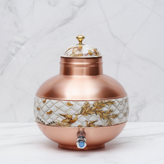 Pure Copper Ghada Pot Half Enamel Dispenser front view white marble