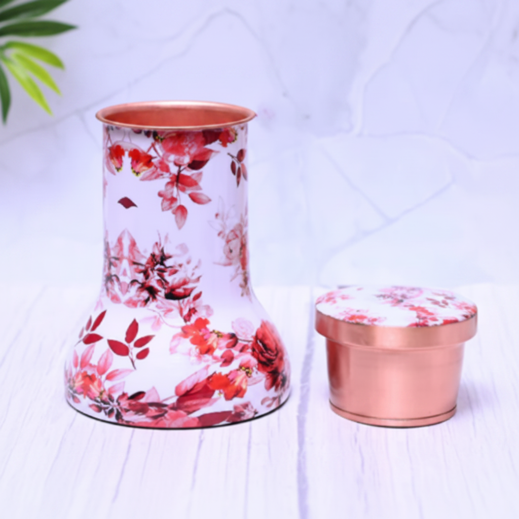 Pure Copper Red Floral Lily Pot front view white marble