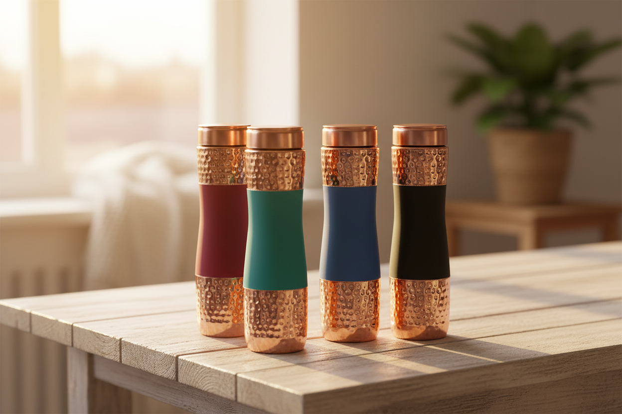 Copper Bottle Set of 4 - golden hour wooden table lifestyle