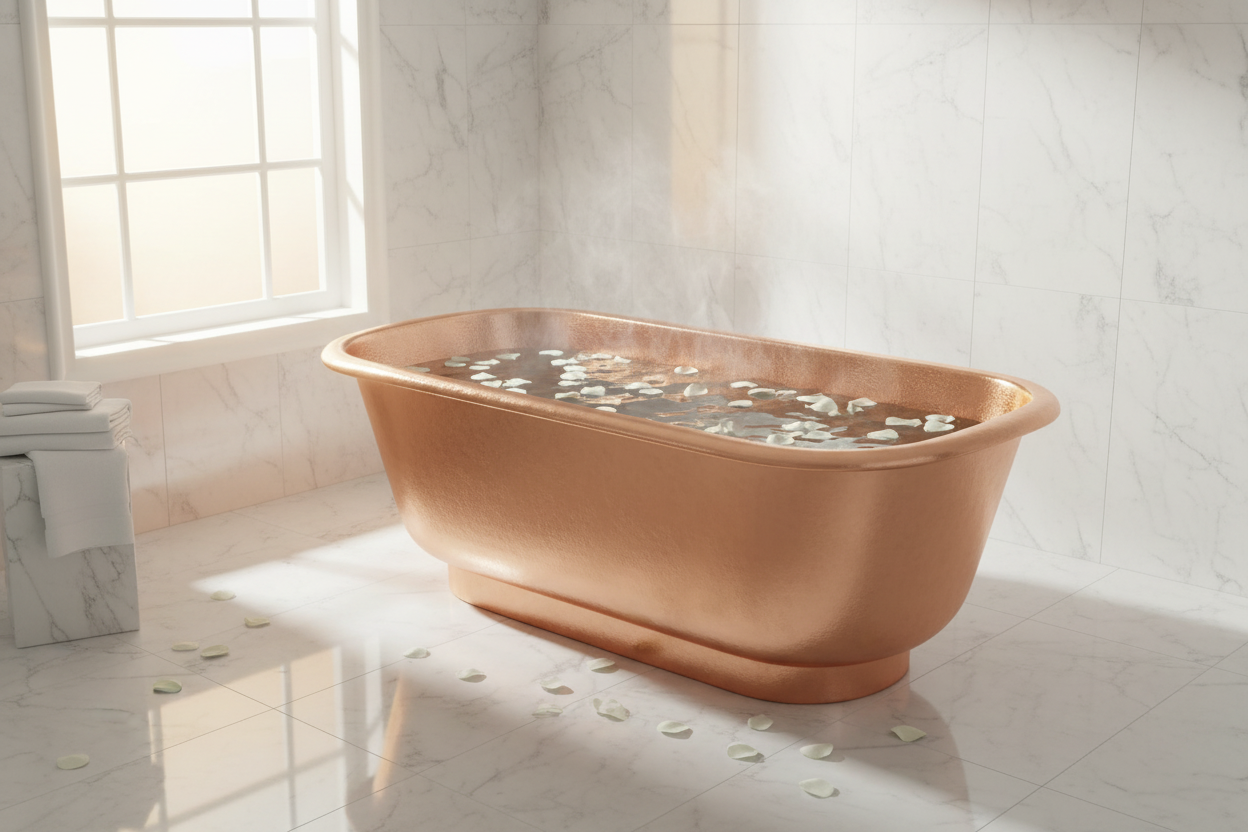 ISABELLA copper bathtub with rose petals and steam