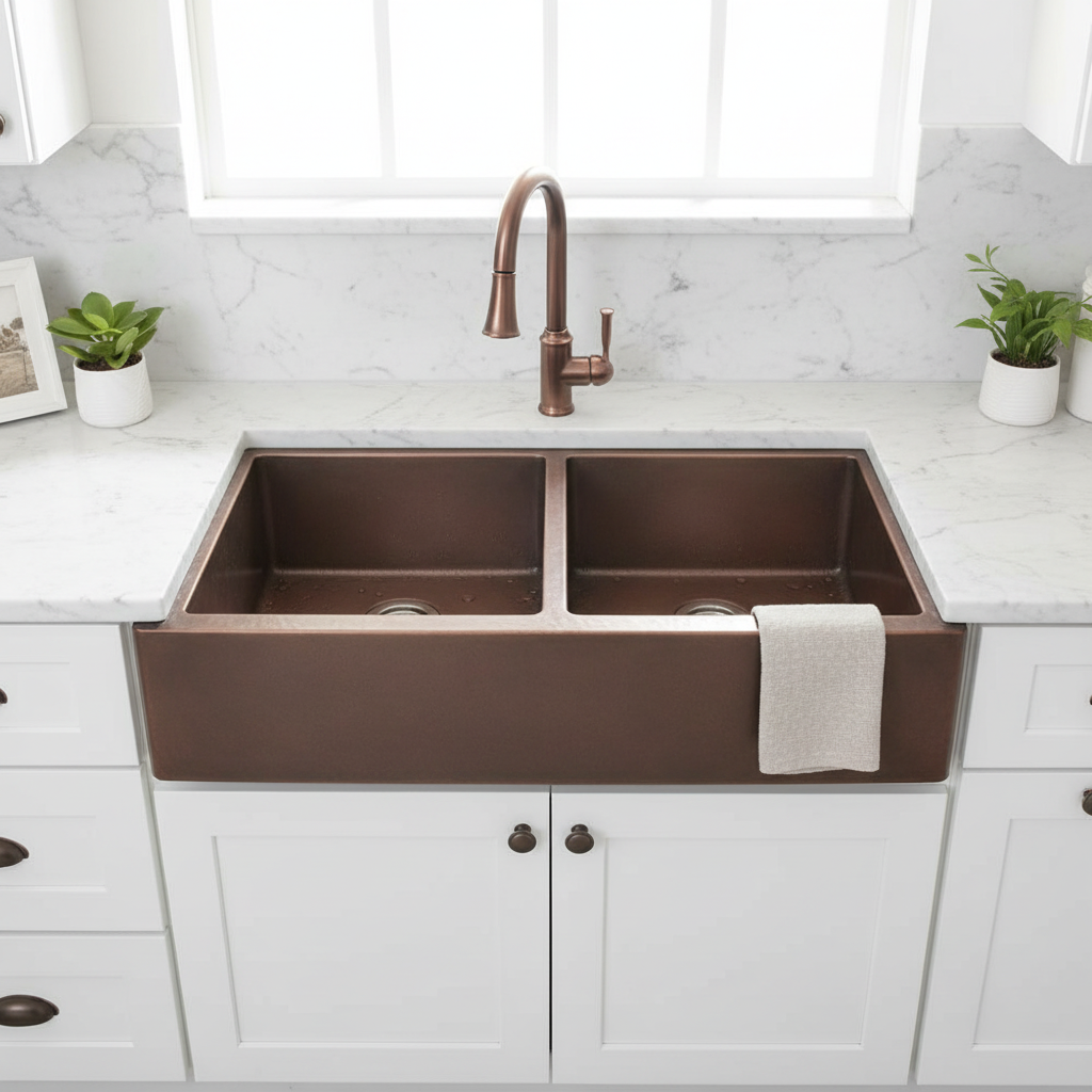 Copper double bowl apron sink top-down both basins
