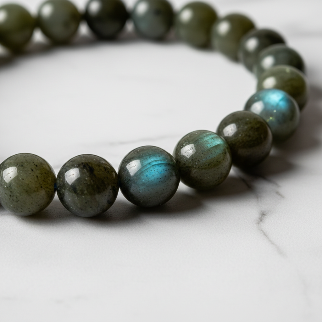 Labradorite bracelet closeup iridescent flash