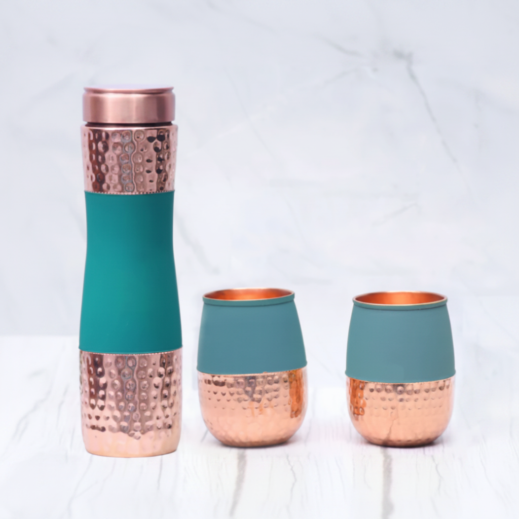 Silk Hammered Copper Set - Green white marble
