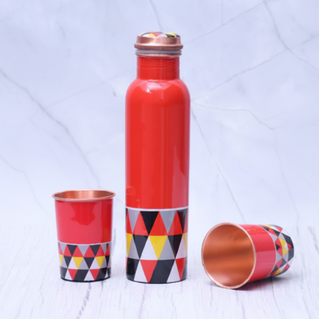 Red Triangle Copper Bottle 2 Glasses Set - white marble
