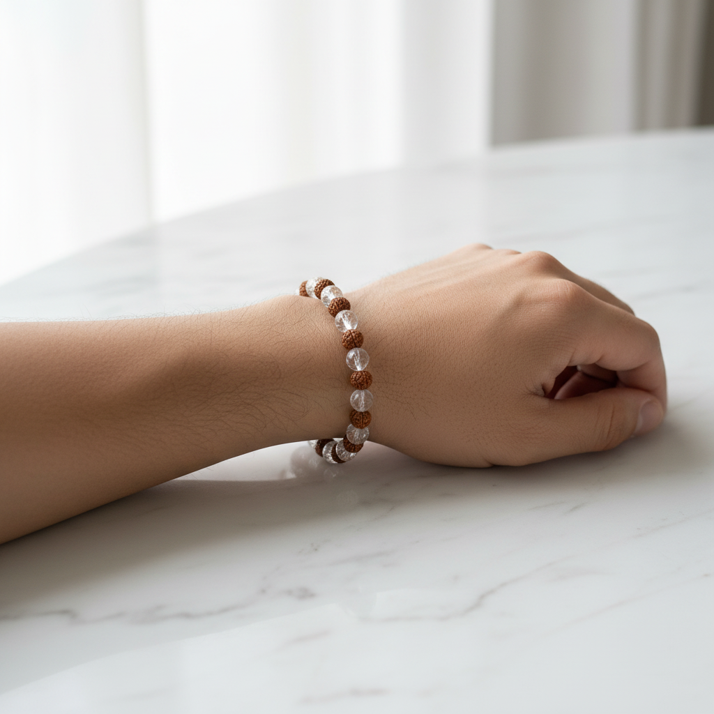 Rudraksha bracelet on wrist