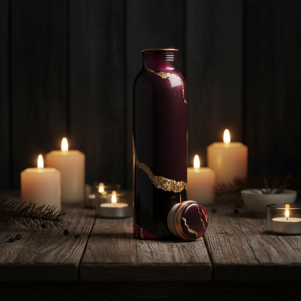 Black Gold Stripe Copper Bottle - moody candlelight lifestyle
