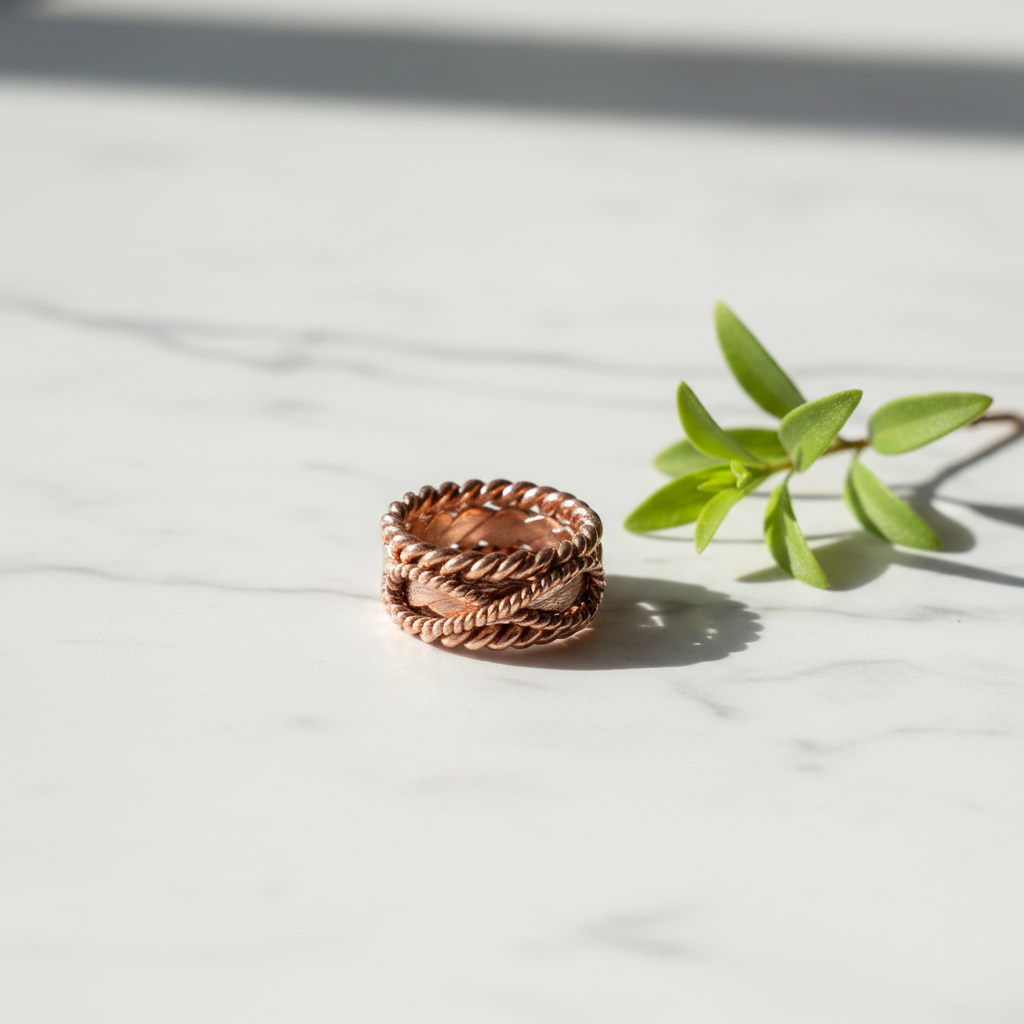 Copper tensor ring lifestyle shot on white marble with green plant