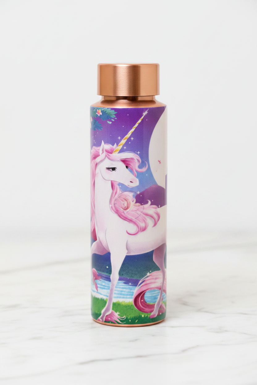 Unicorn Kids Copper Water Bottle 400ml - upright lid on white marble