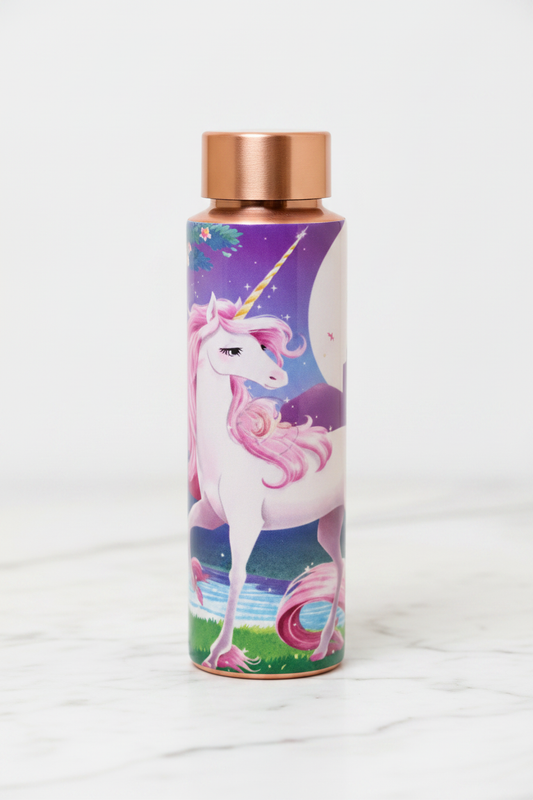 Unicorn Kids Copper Water Bottle 400ml - upright lid on white marble