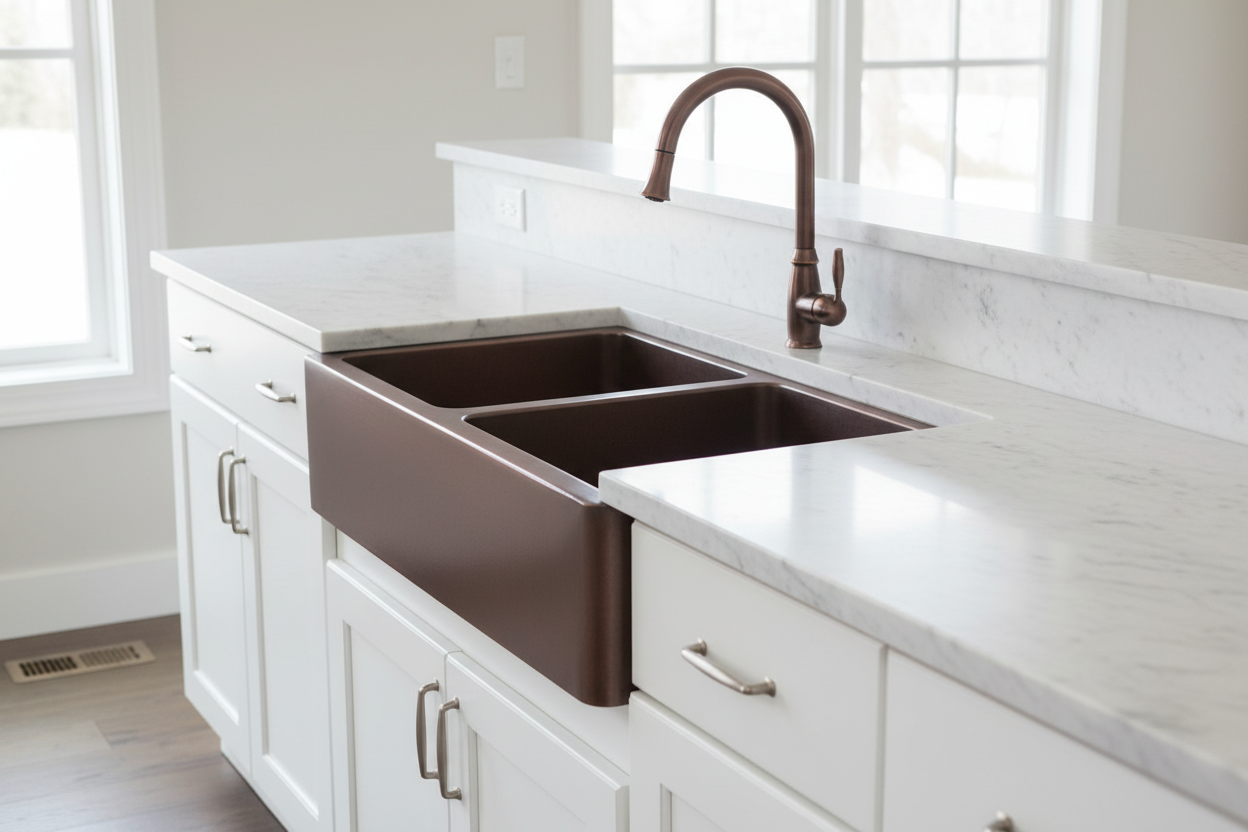 Copper double bowl apron sink side profile showing depth